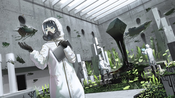 Girl in Hazmat Suit with Fish in Ruined Facility