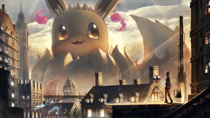 Gloria and Orbeetle with giant Eevee in city