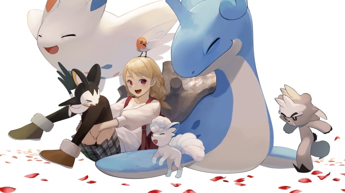 Gloria with Pokémon Togekiss, Lapras, and others