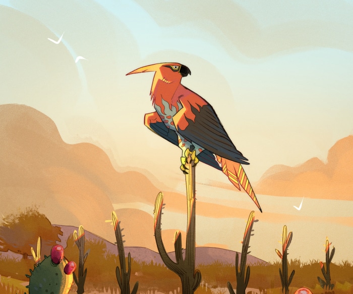 Talonflame from Pokémon in a desert landscape