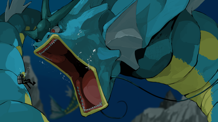 Gyarados (Pokémon) and diver underwater