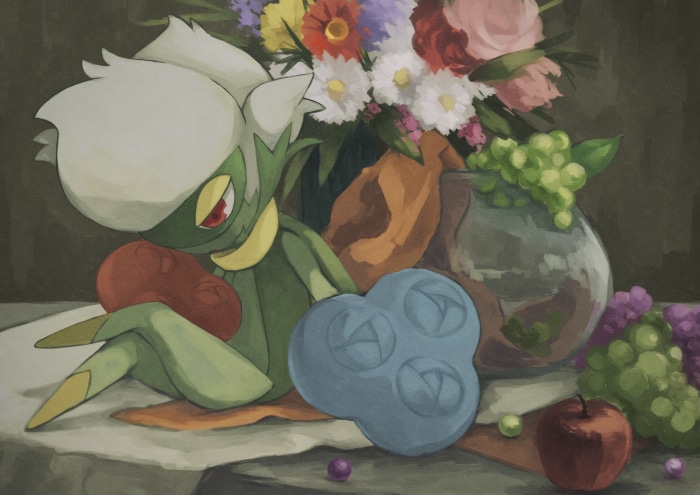 Roserade from Pokémon in a still life painting