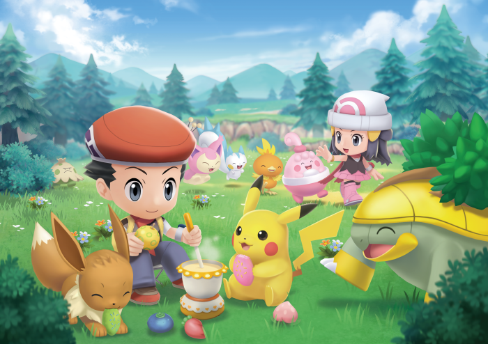 Pokémon characters and Pokémon in a field