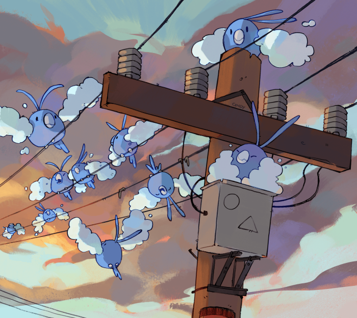 Swablu Pokémon flying on telephone wires at sunset