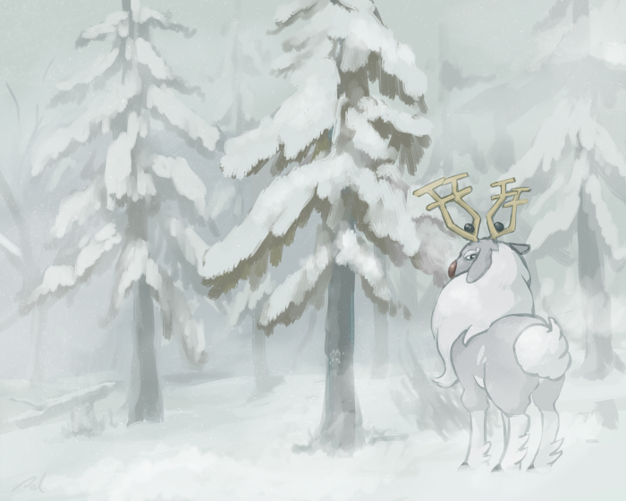 Wyrdeer from Pokémon Legends: Arceus in a snowy forest