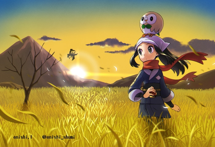 Akari and Rowlet from Pokémon Legends: Arceus