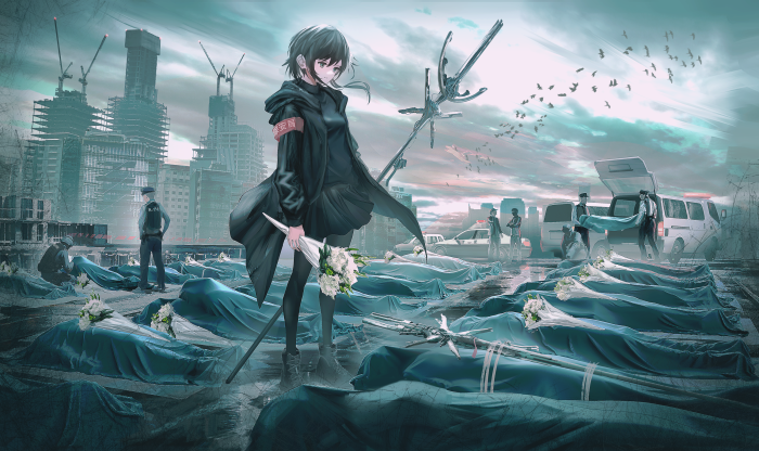 Girl with flowers at a funeral in a ruined city