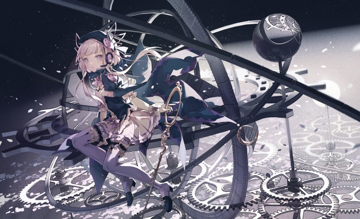 Girl with headphones and staff in clockwork mechanism