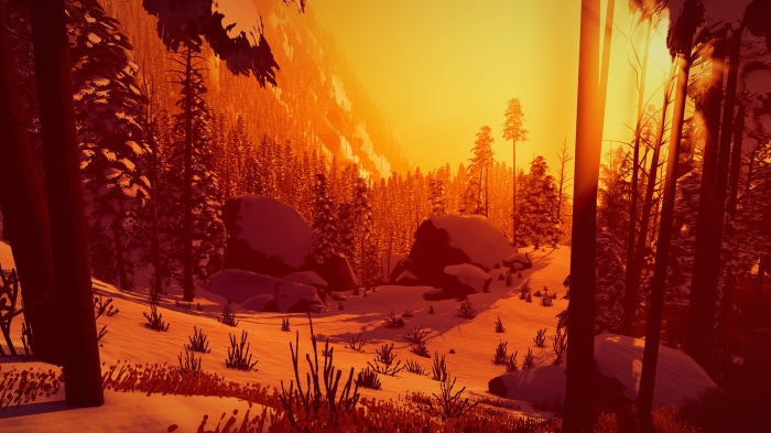 Snowy forest at sunset