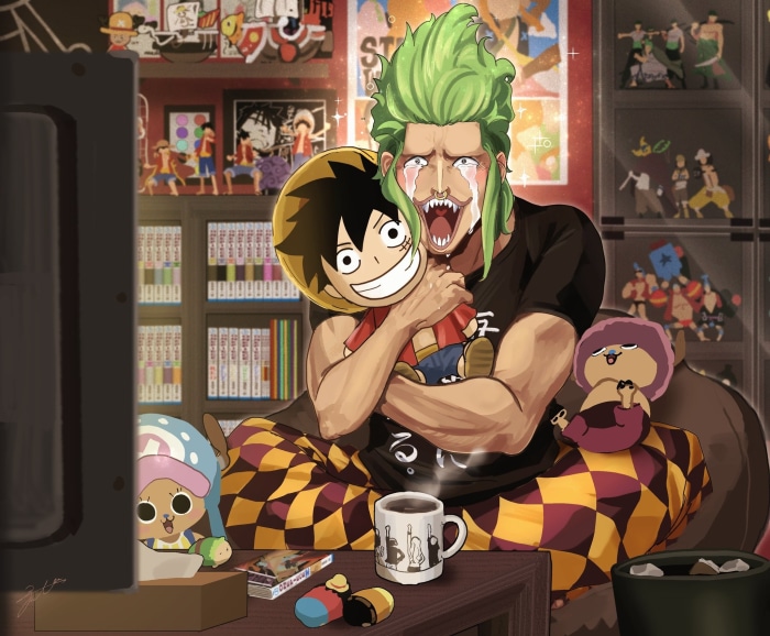 Bartolomeo and Chopper from One Piece watching TV