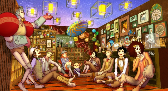 One Piece Crew in a Steampunk-inspired Room