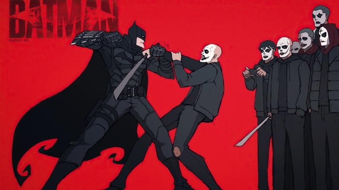 Batman fighting a man with a skull mask, surrounded by masked figures