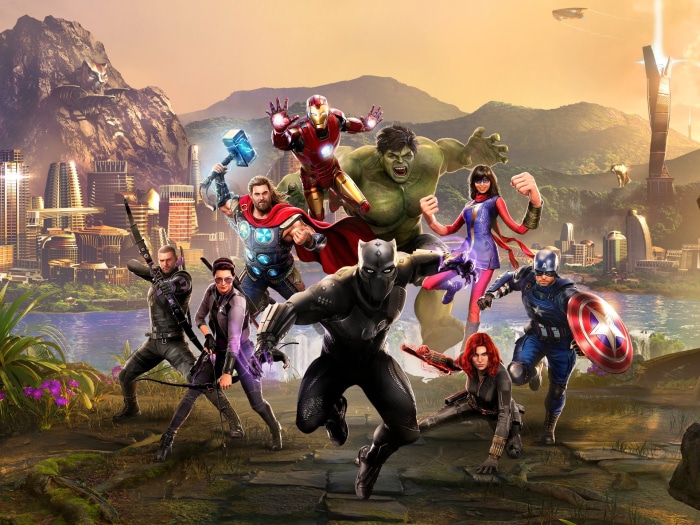 Marvel's Avengers characters in a city landscape