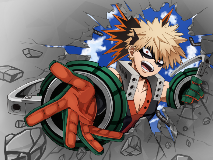 Katsuki Bakugou from My Hero Academia breaking through a wall