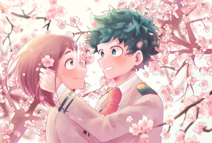 Izuku Midoriya and Ochaco Uraraka from My Hero Academia among cherry blossoms
