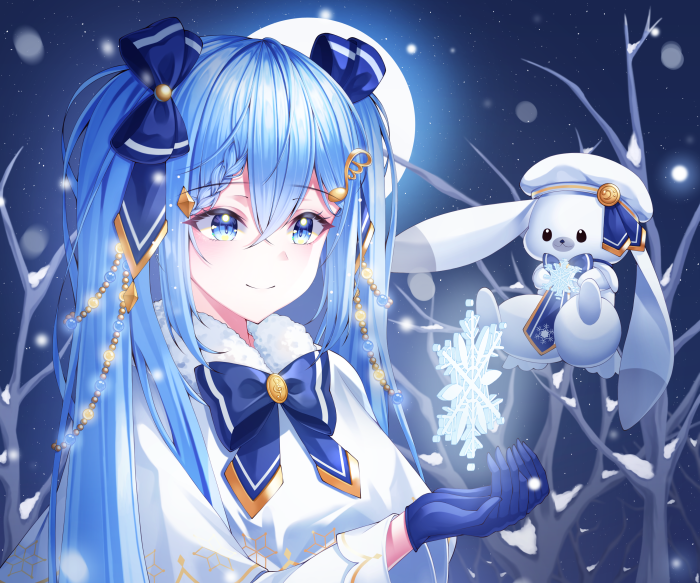 Hatsune Miku with a bunny in a snowy forest