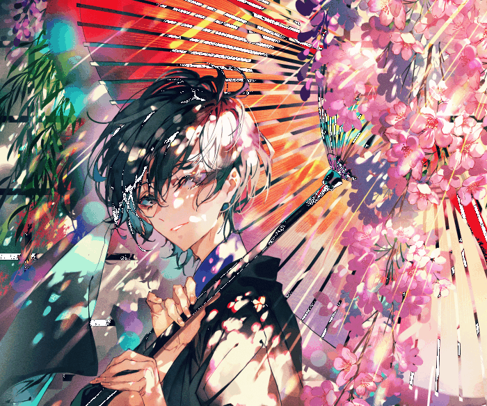 Anime boy with umbrella and cherry blossoms