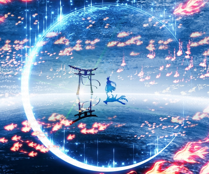 Torii gate with figures and fiery fish in a circular frame