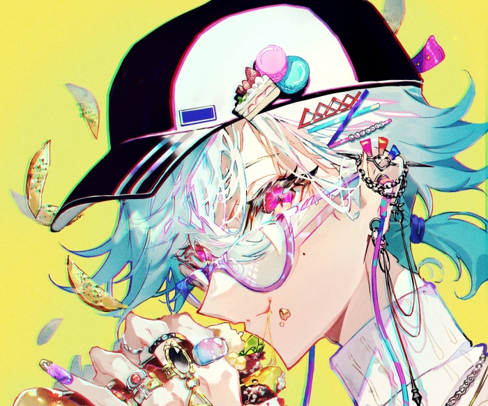 Anime girl with blue hair eating sweets