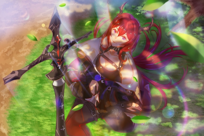 Surtr from Arknights with a sword