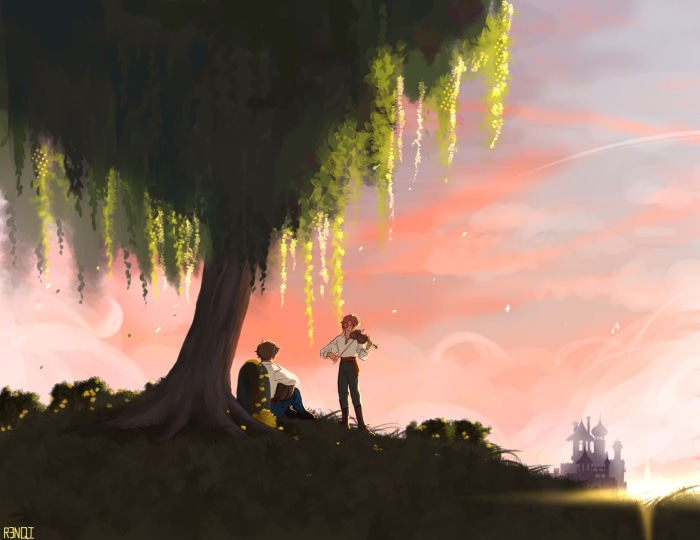 Wilbur Soot and Technoblade under a tree
