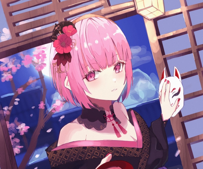 Mori Calliope from Hololive holding a Kitsune mask