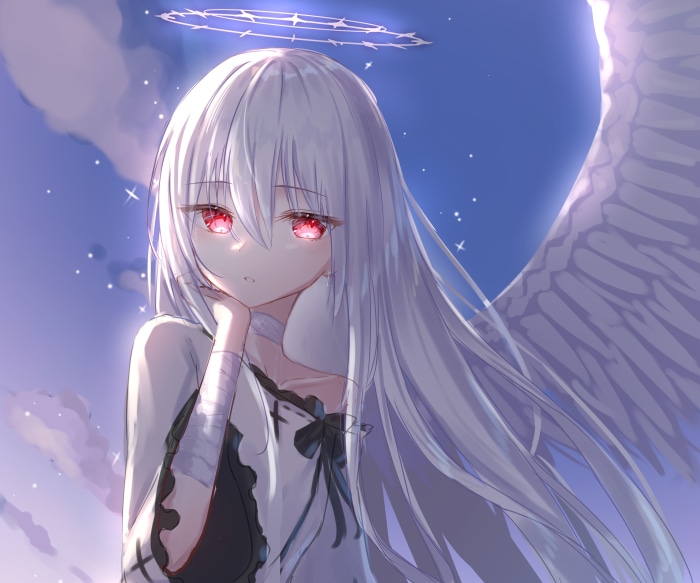 Angel with white hair and red eyes