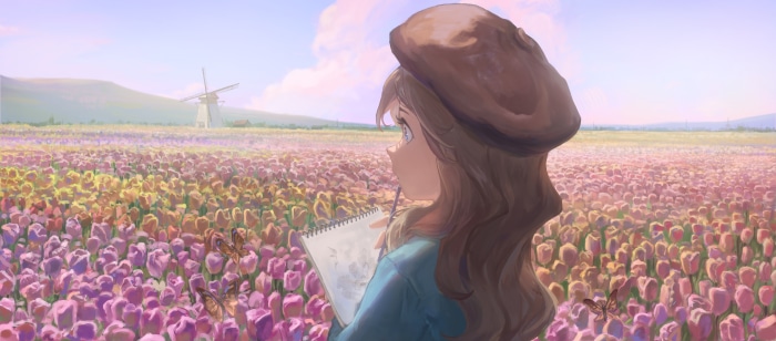 Girl painting in a tulip field with a windmill