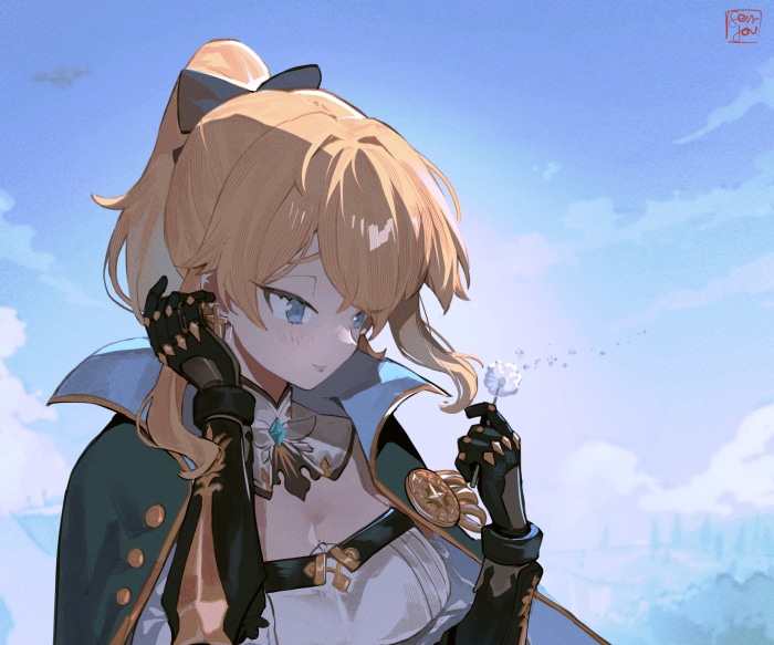 Jean from Genshin Impact blowing a dandelion
