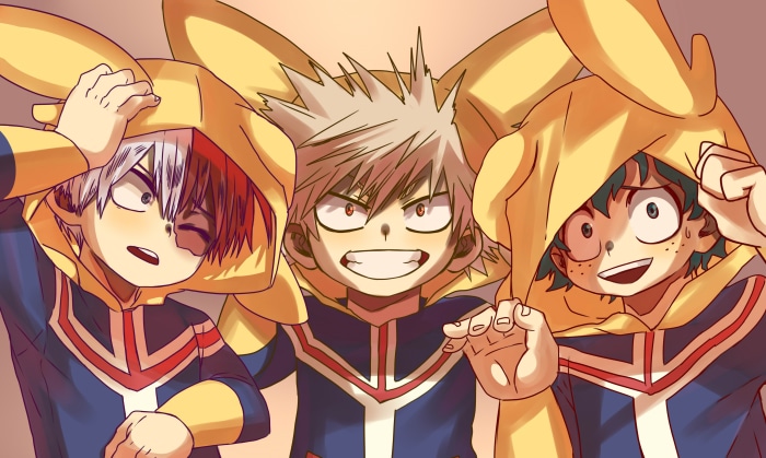 Katsuki Bakugou, Izuku Midoriya, and Shoto Todoroki from My Hero Academia