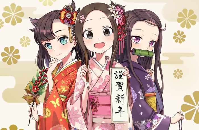 Marnie, Takagi, and Nezuko in Kimonos