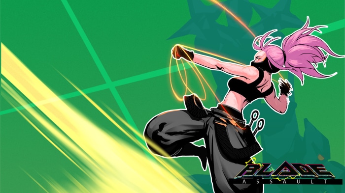 Blade Assault game logo with character