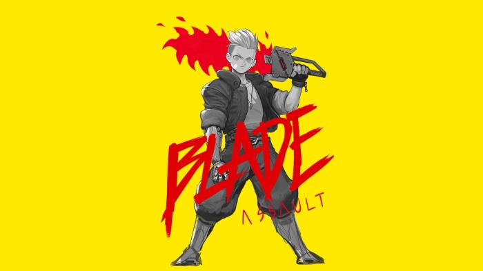 Blade Assault game art with character and chainsaw