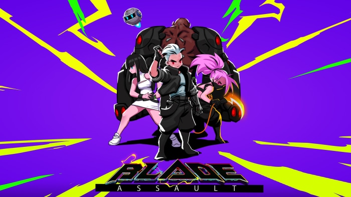 Blade Assault characters with robot and lightning background