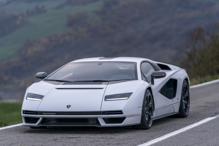 White Lamborghini Countach LPI 800-4 Supercar on a Road