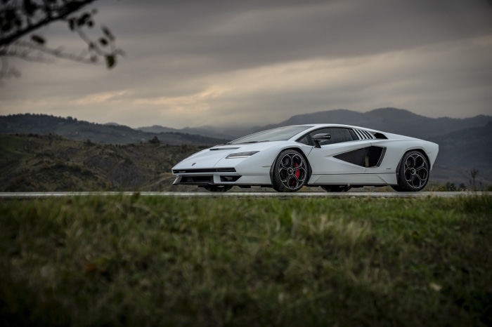 White Lamborghini Countach LPI 800-4 on a road