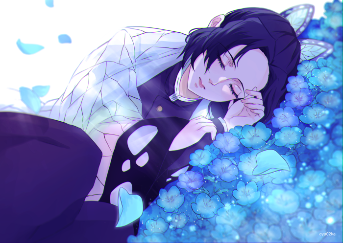 Shinobu Kochou sleeping among blue flowers