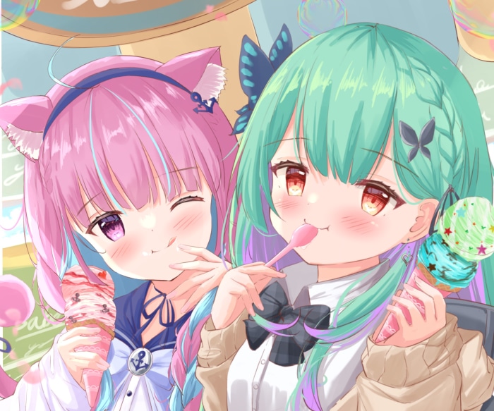 Minato Aqua and Uruha Rushia eating ice cream