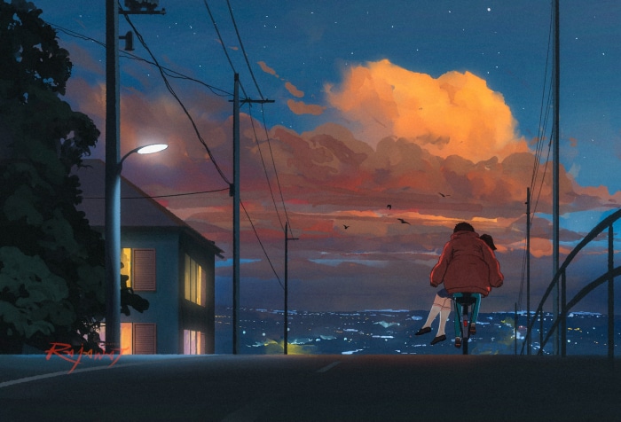 Shizuku Tsukishima and Seiji Amasawa on a bicycle