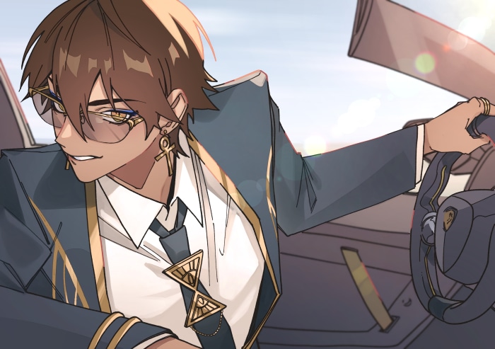 Rider from Fate/Grand Order driving a car