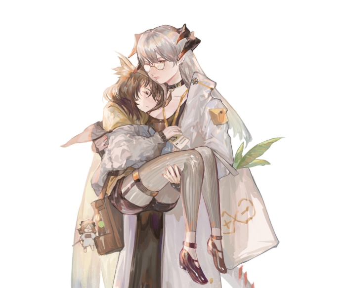 Silence and Saria carrying an injured person from Arknights