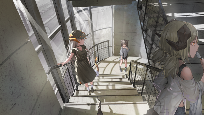 Arknights characters on a staircase