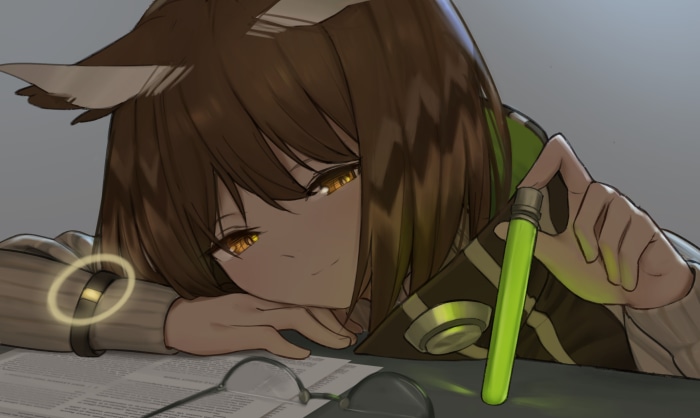 Silence from Arknights holding a test tube