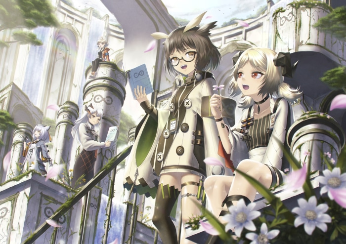 Arknights characters Ptilopsis, Mayer, Ifrit, and Saria in ruins