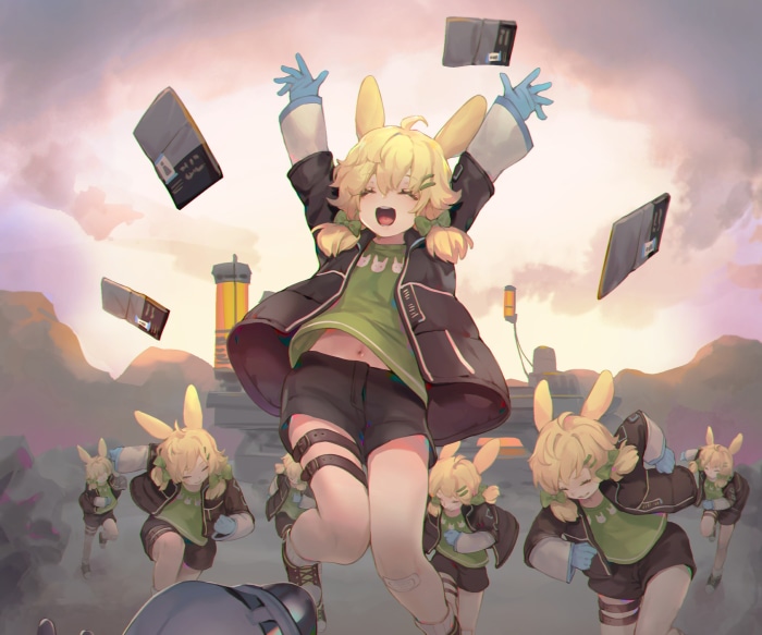 Kroos from Arknights celebrating with data chips