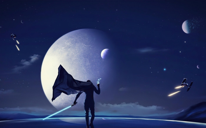 Star Wars character with lightsaber on alien planet