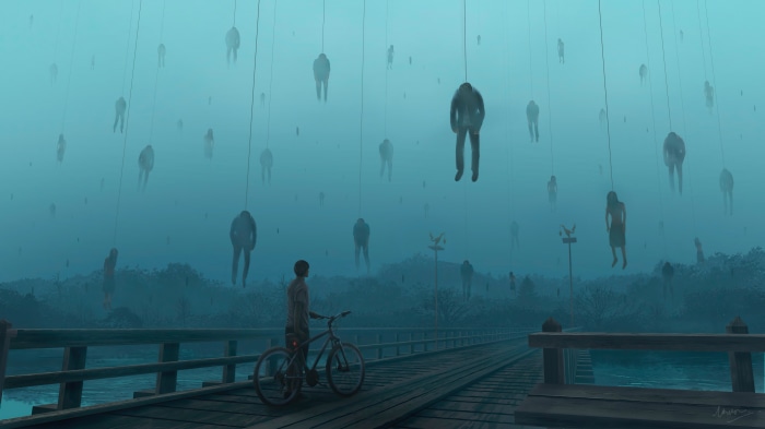 Man on Bicycle on Bridge with Hanging Figures