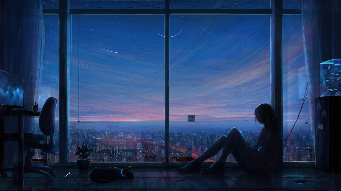 Woman and Cat Overlooking Cityscape at Night