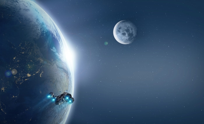 Sci Fi Spaceship near Earth and Moon 4K