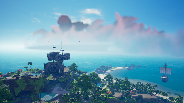 Pirate shipwrecks on a tropical island overlooking the ocean